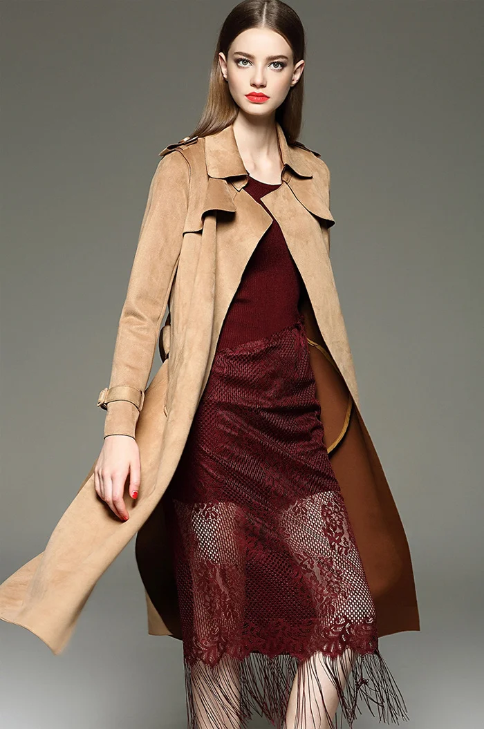 New Autumn Suede Trench Coat Women Mujer Long Elegant Outwear Female Overcoat Slim Red Suede Cardigan Trench
