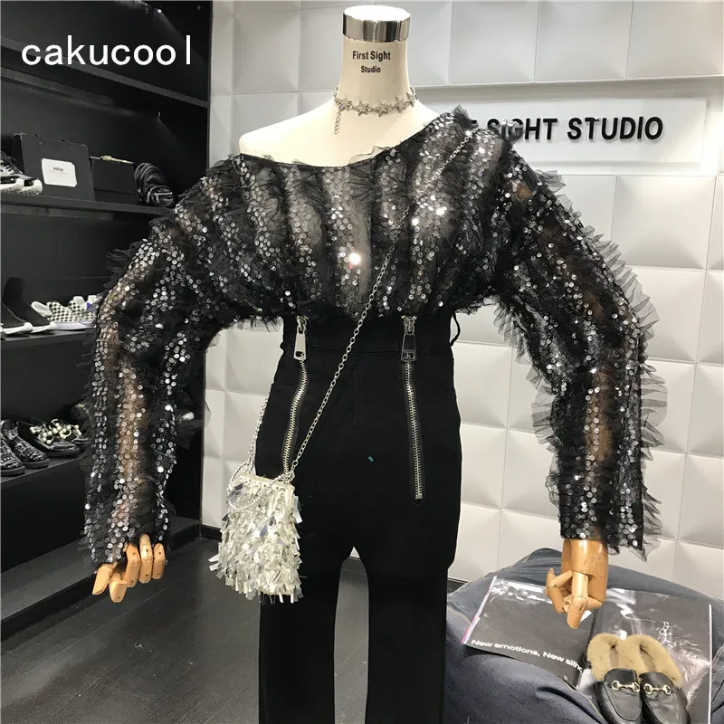 Cakucool/Новинка топ с блестками Женская Весенняя блузка из сетчатой ткани длинными
