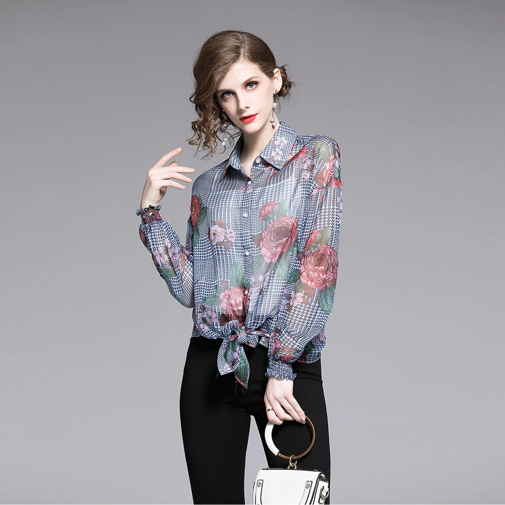 Новая рубашка Женская 2019 Европейская станция Осенняя Повседневная Печать Тонкий