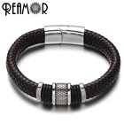 Широкие плетеные кожаные браслеты REAMOR, браслеты из нержавеющей стали 316L с бусинами, мужские браслеты в простом стиле, очаровательные браслеты, мужские ювелирные изделия
