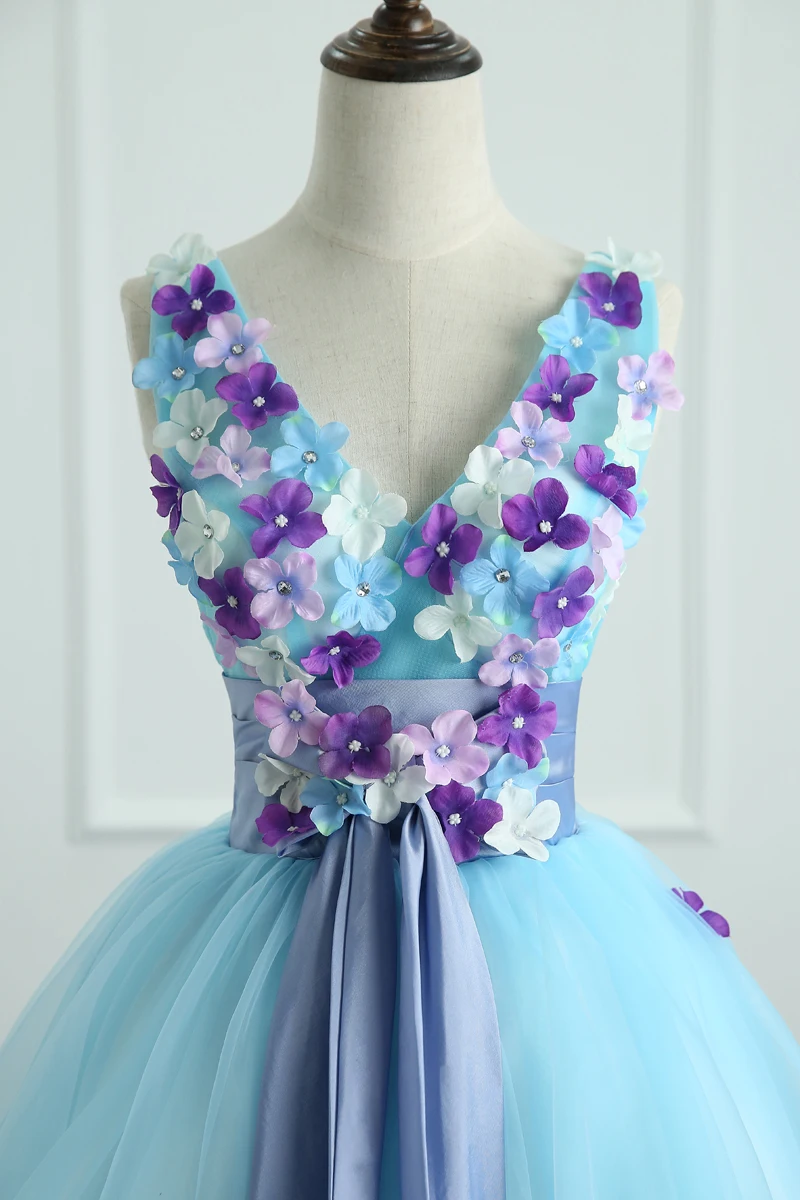 Quinceanera платья Роскошные милые цветы 3 цвета вечерние бальные с v образным