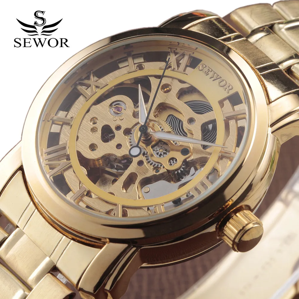 SEWOR часы мужские модные Relogio Masculino автоматические механические золотые Скелетон
