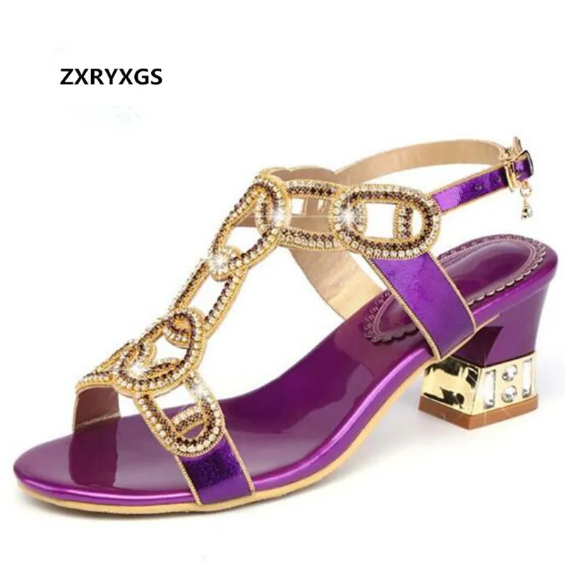 

ZXRYXGS Brand Sandals New 2022 Summer Open Toe Rhinestone Shoes Woman Sandals with Heel Purple Gold Fashion Sandals Women Shoes