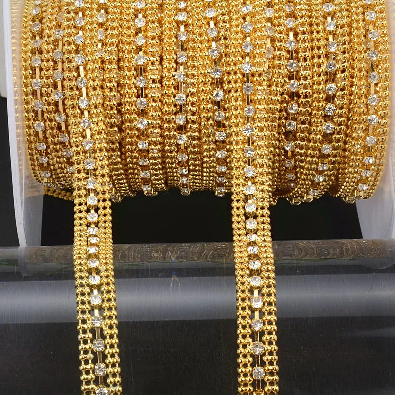 

5 yard AAA-Grade Flower Crystal Clear Round Glass Rhinestone Cup beaded Chain gold Base Dress Belt Trim Applique Sew on Garment