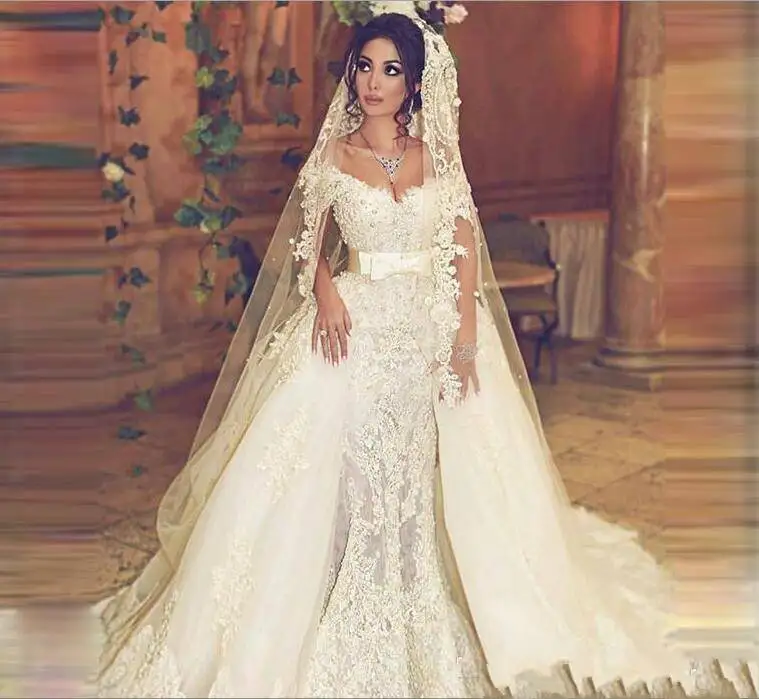 Dubai Mermaid Wedding Dresses with Detachable Skirt Womens Events Dress for Weddings Pearls Lace Bridal Gowns Sweetheart | Свадьбы и