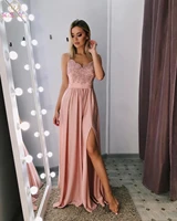 pink long ladies prom dresses 2022 spaghetti straps satin lace appliques crystal high front split sweep train evening gowns
