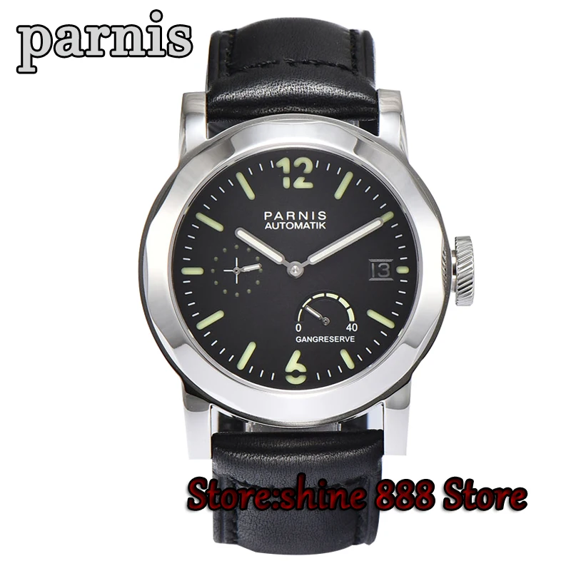 Мужские часы PARNIS Power Reseerve с роскошным сапфировым стеклом из натуральной кожи ST2530