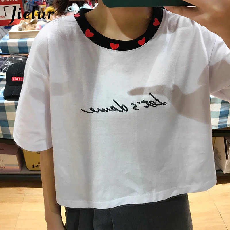 Jielur Kawaii Crop Top Женская летняя Корейская стильная свежая белая футболка с коротким