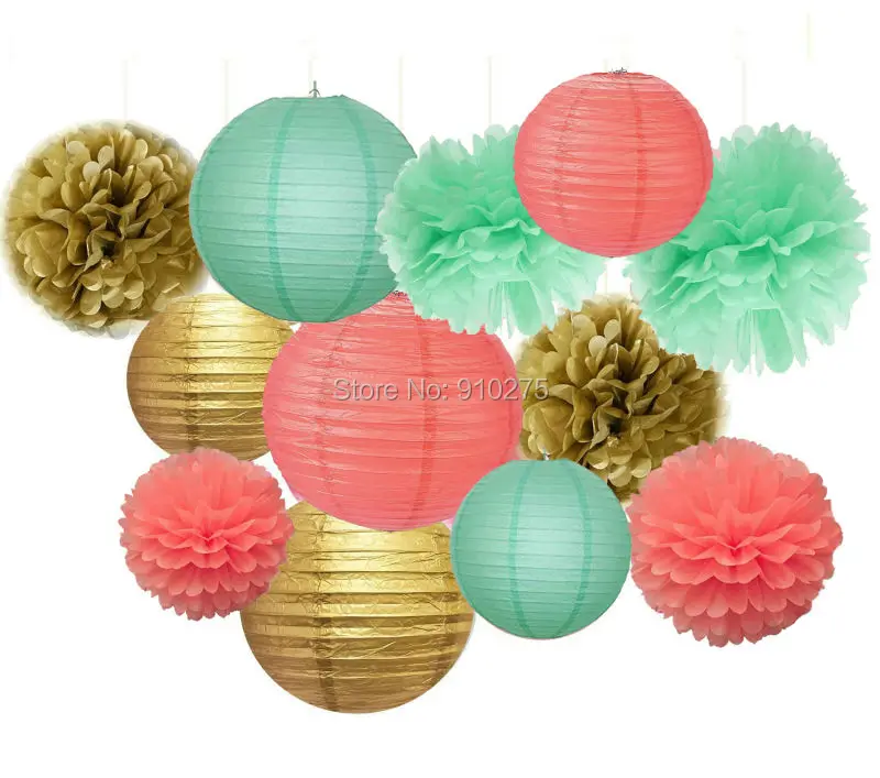 Набор из 12 разноцветных золотых коралловых мятных зеленых тканевых помпонов