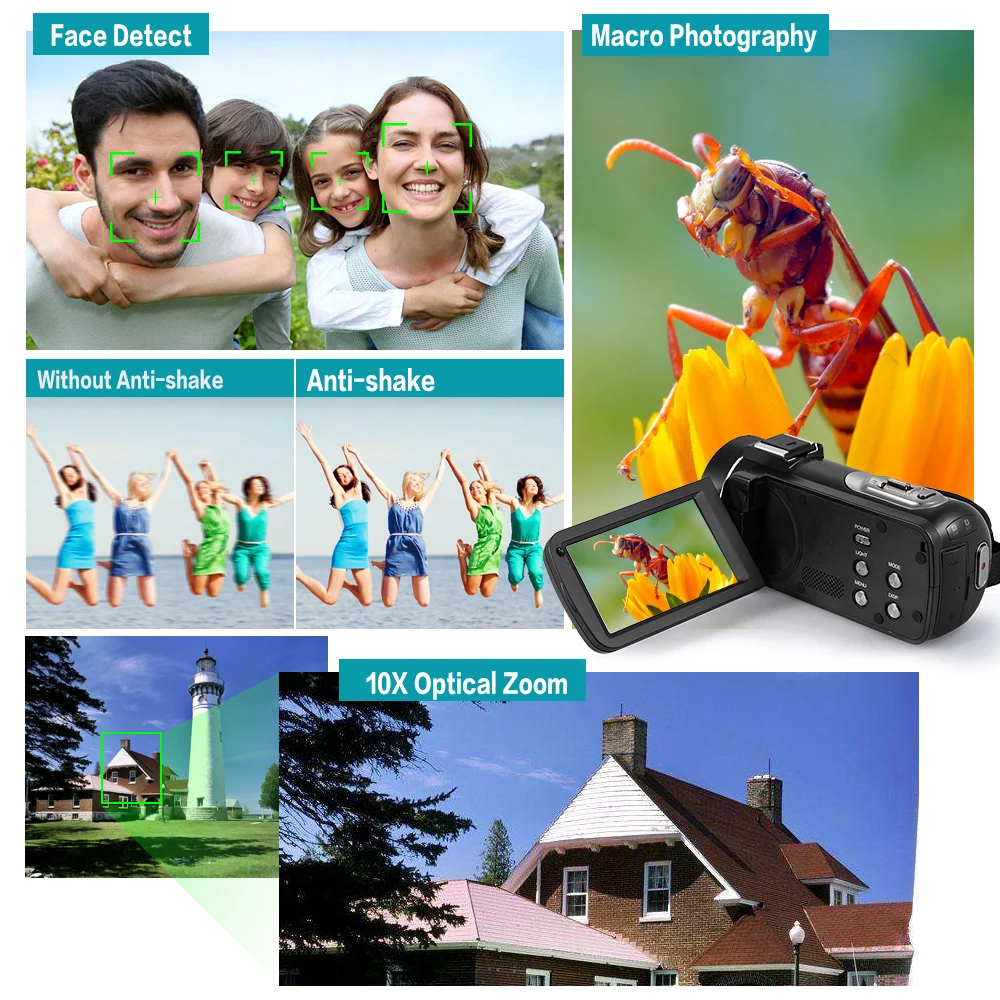 Цифровая видеокамера Andoer 1080P Full HD 24MP 10X оптический зум с 3 дюймовым ЖК экраном и