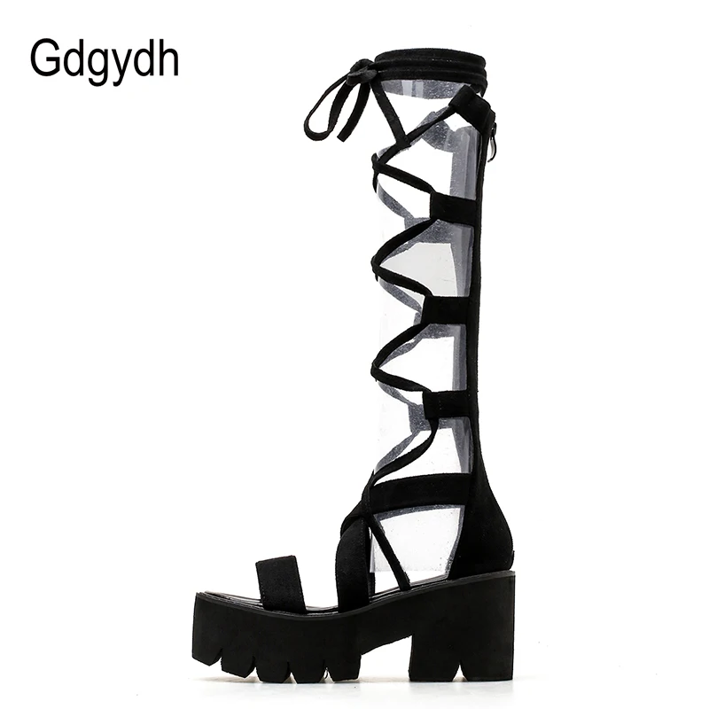 Женские замшевые ботинки Gdgydh черные до середины икры на платформе и высоком