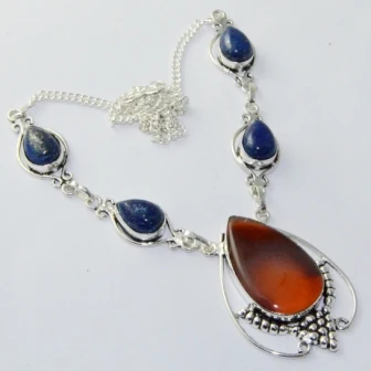 

Agates & Lapis Lazuli Necklace Silver Overlay over Copper, 49.5 cm, N1943