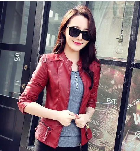 Осенняя кожаная куртка женская Повседневная Длинные рукава искусственная