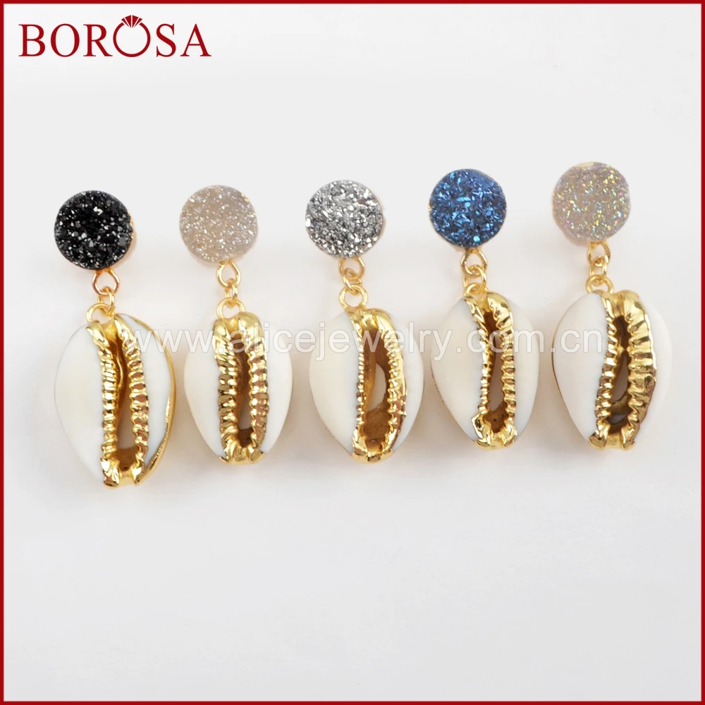 BOROSA 5 пар золотого цвета 10 мм круглые серьги с Cowrie ракушки модные ювелирные изделия Модные серьги G1562