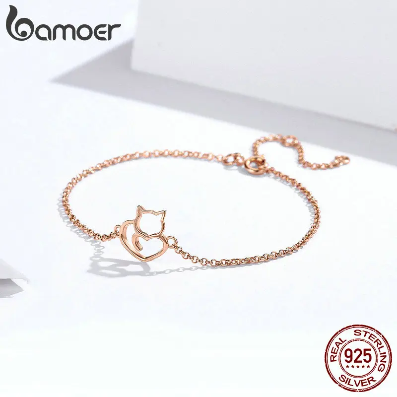 BAMOER 925 пробы Серебряный Кот и сердце звено цепи браслеты и браслеты для женщин подлинные серебряные ювелирные изделия подарок SCB102