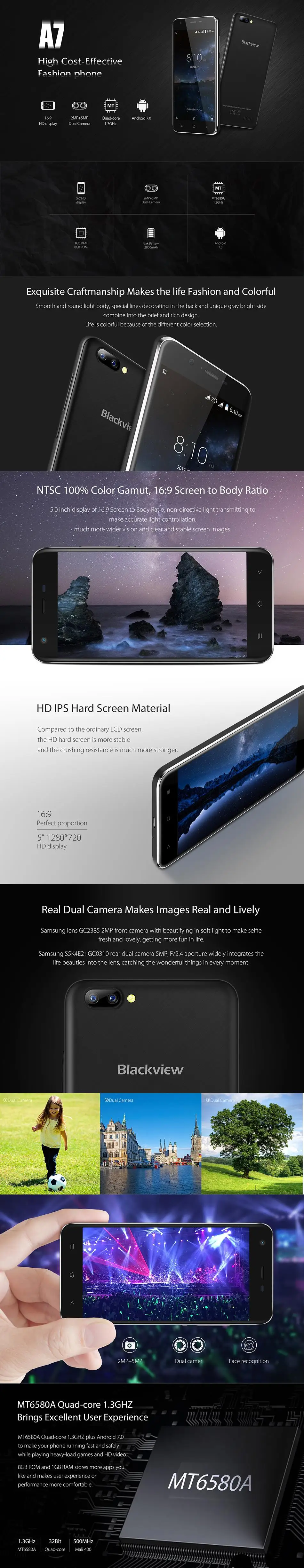 Смартфон Blackview A7, Android 7,0 MT6580A, четырехъядерный мобильный телефон, 1 ГБ ОЗУ, 8 Гб ПЗУ, двойная задняя камера, разблокированный сотовый телефон
