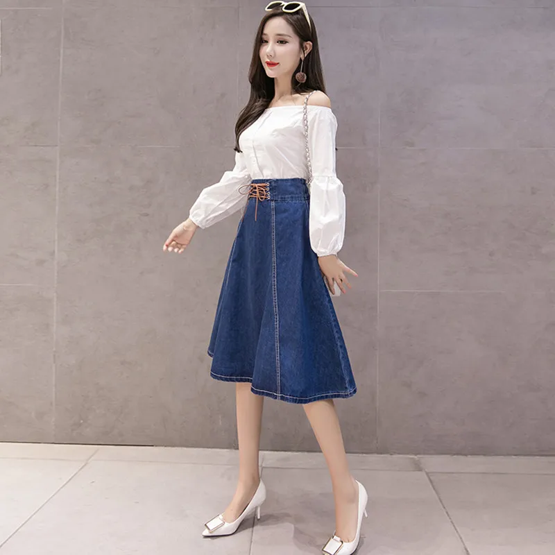 Краткое осень зима юбки Для женщин Винтаж Высокая талия на шнуровке Джинсовые