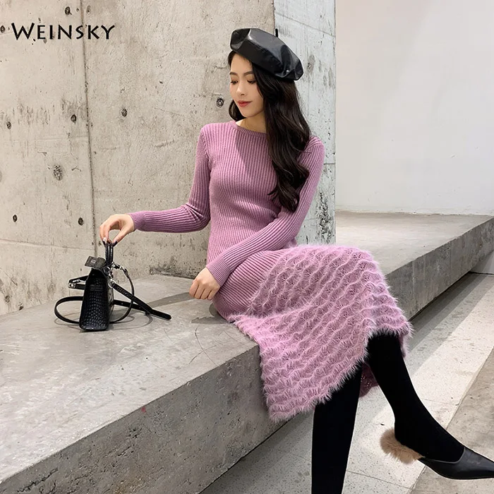 Women Knitted Sweater And Pullovers Korean Fashion Style Dress Winter And Autumn New Solid Knitted Dress - Цвет: Лаванда