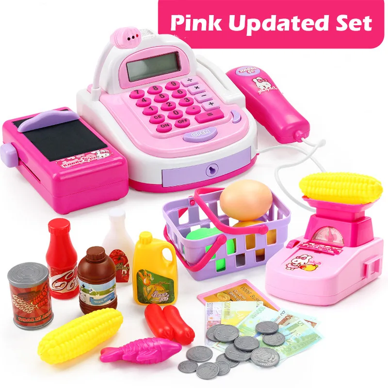 pink updated set Дети супермаркет кассовый аппарат электронные игрушки с продуктами корзина деньги Дети Обучение Образование ролевые игры набор подарок для девочки - Цвет: pink updated set