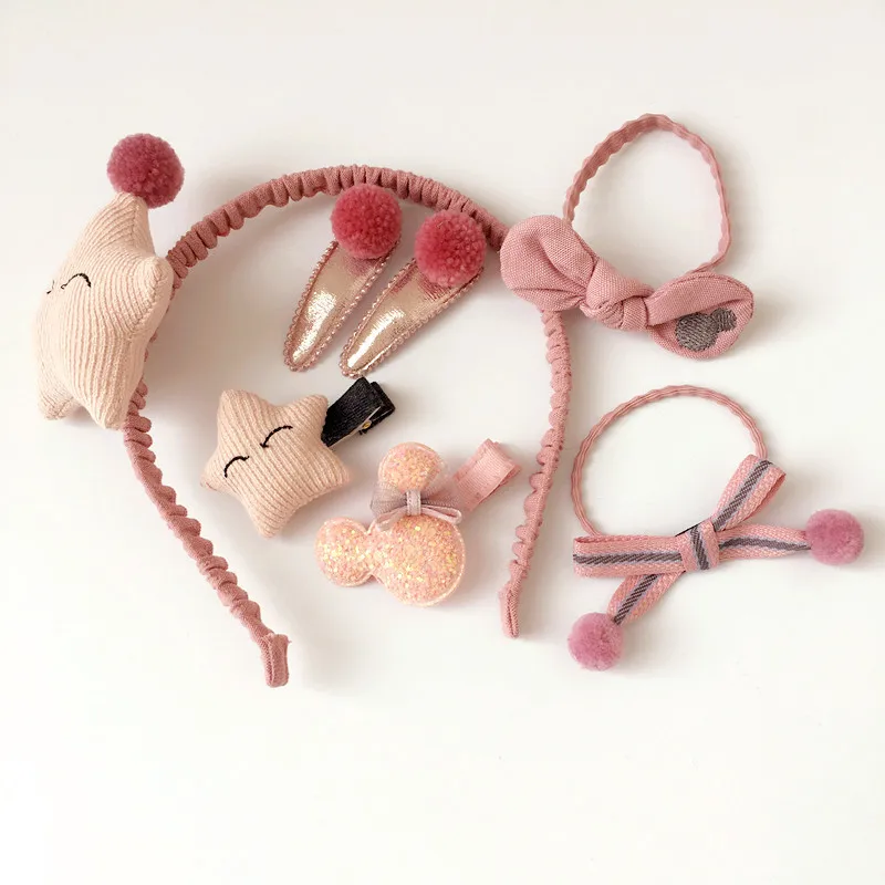 

free shipping 7Pcs/set Girls hair accessories set lattice bow star modeling hair clip hoop hairband cartoon hair band headdress