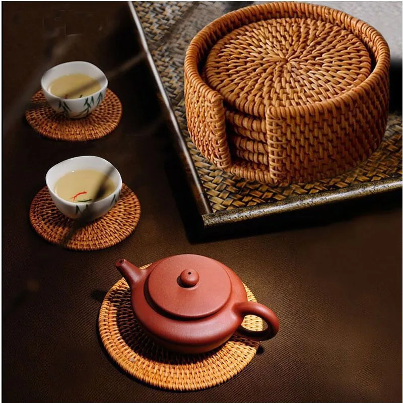 

6 Pcs /Lot Puer Tea Tools Rattan cup teapots coasters set table place mat vintage round placemats tea tray Teaware drink coaster