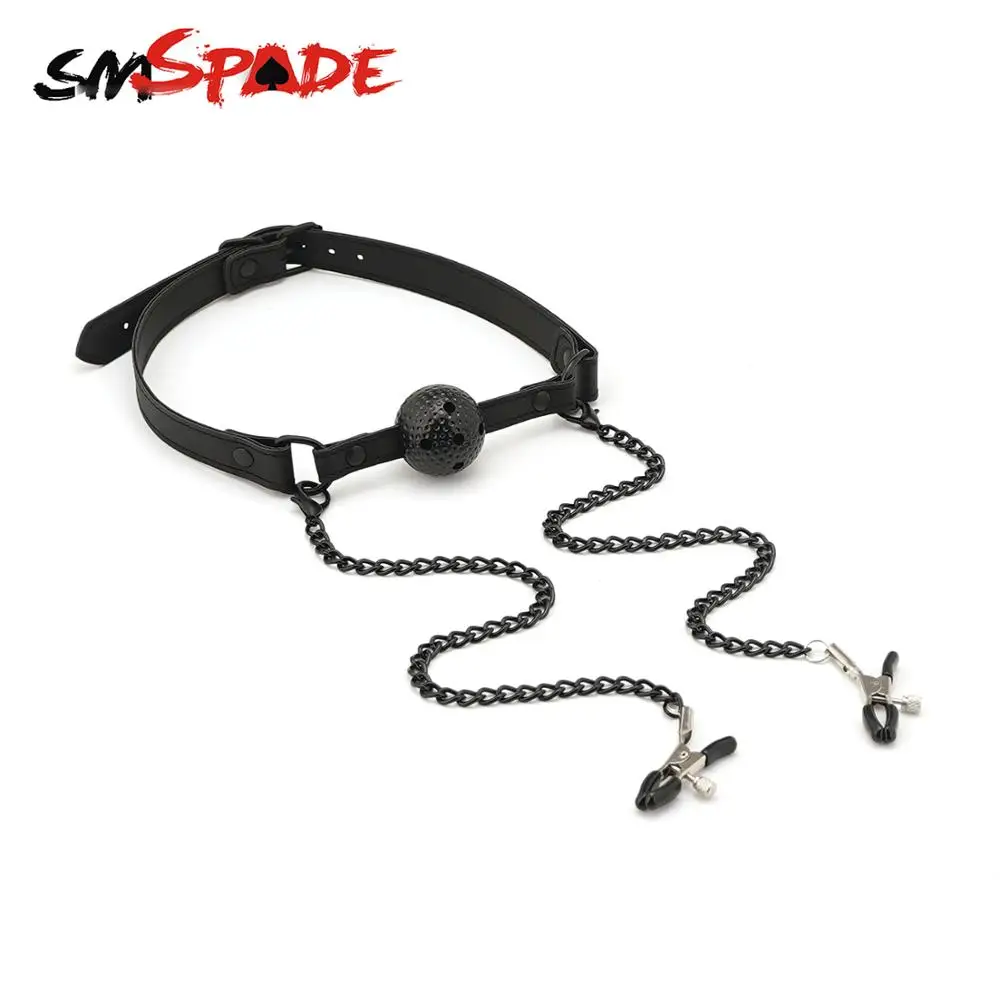 Металлические зажимы SMSPADE с открытым дышащим кожаным шариком для игр в рот
