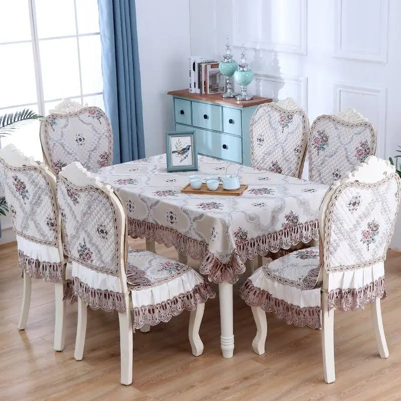 Высококачественная скатерть бежевого и синего цвета для столового стола с