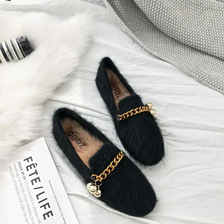 Модные черные серые лоферы на меху для девочек мягкие туфли плоской резиновой