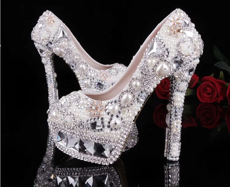

2018 Gorgeous Round Toe White Pearl Wedding Dress Shoes Lady Platform Rhinestone Bridal Dress Shoes Woman High Heel Dance Shoes