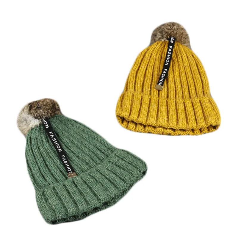 

Children New Knit Rabbit Hairball Wool Hat Baby Kids Fashion Letters Hedging Cap Autumn Winter Boy Girl Warm Cotton Beanie Hats