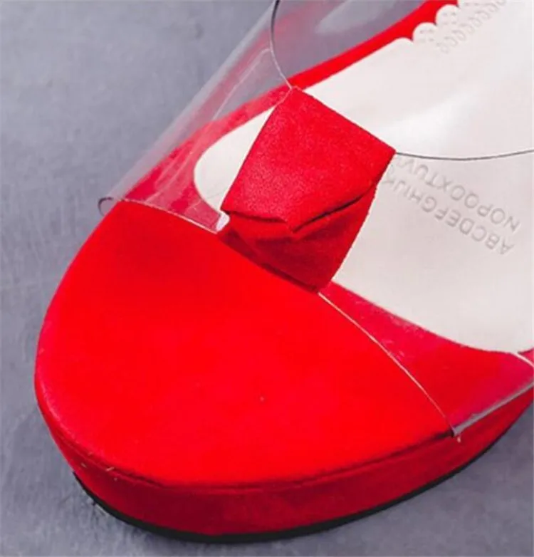 Красная обувь на толстой подошве и высоком каблуке прозрачные женские тапочки