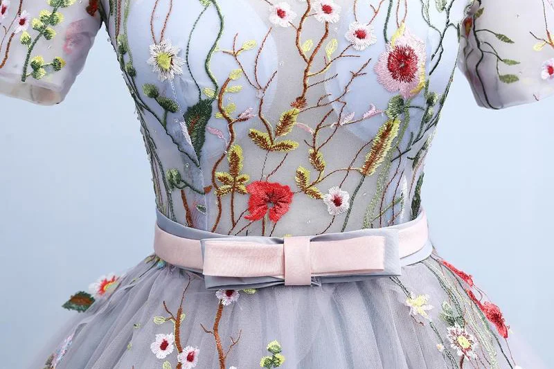 Женское вечернее платье SSYFashion элегантное серое бальное до пола с цветочным
