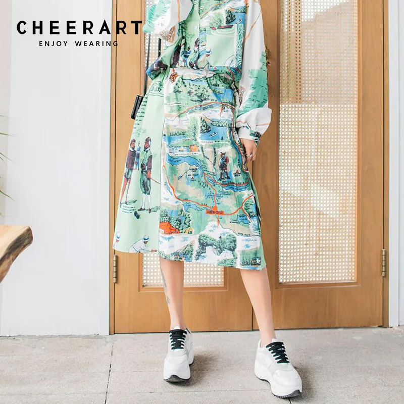 Cheerart зеленая Цветочная юбка женская с высокой талией трапециевидная Женская юбка с цветочным принтом до колена юбка модная одежда