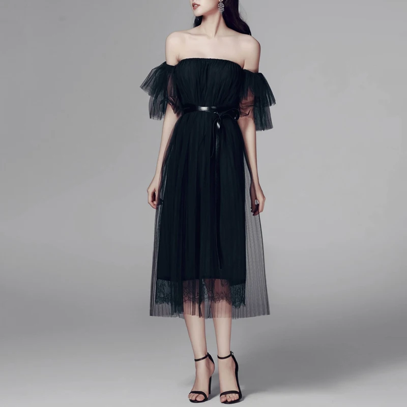 Женское вечернее платье INDRESSME однотонное Сетчатое до колена с пышными рукавами