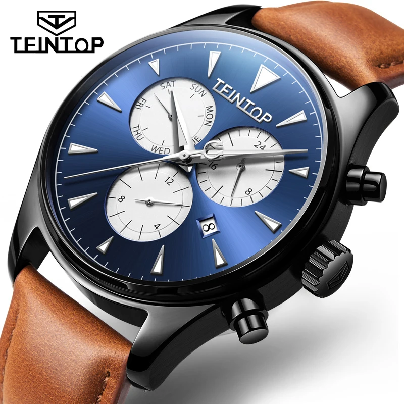 Топоп 2019 новый спортивный гоночный дизайн коричневый кожаный синий 3 циферблата