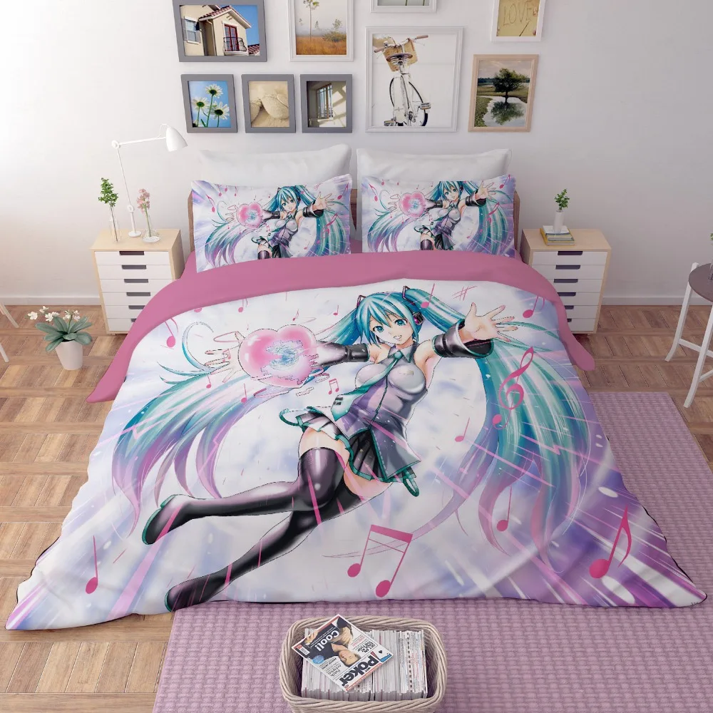 Японское аниме Hatsune Мику постельного белья покрывало Стёганое одеяло наволочка 3 шт. пододеяльник устанавливает розовый белый Королева Король постельное белье