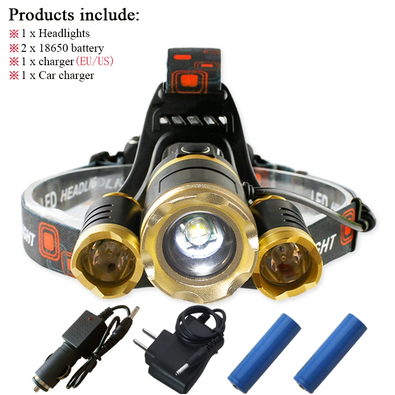 C Белый желтый светильник 3T6 cree xml t6, светодиодный налобный фонарь, налобный светильник, перезаряжаемый светильник-вспышка, налобный фонарь, водонепроницаемый - Испускаемый цвет: C