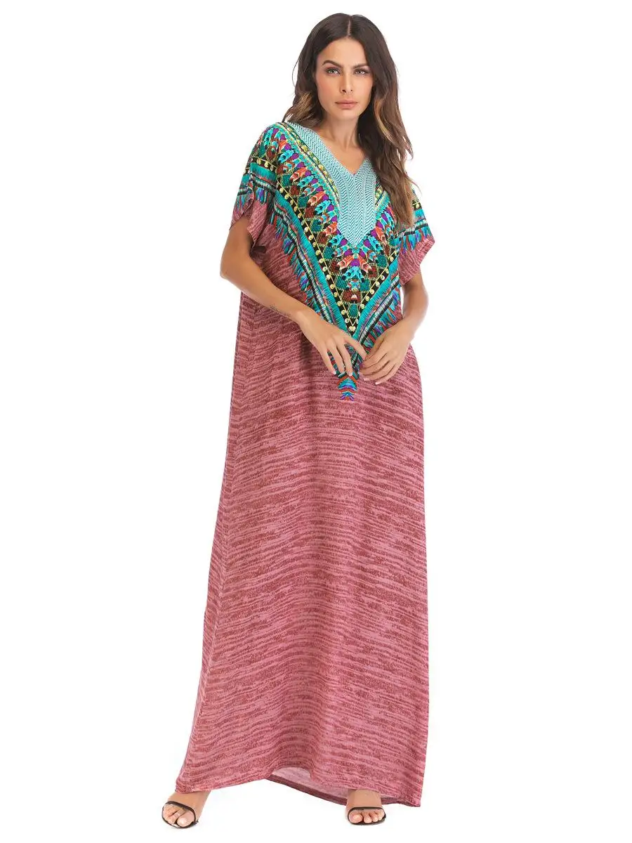 Женское мусульманское летнее макси платье этническое с вышивкой кисточками