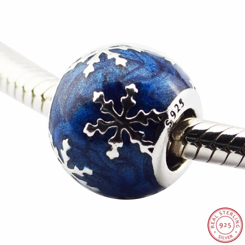 Идеальный Снежинка бусины покрыты темно синей эмалью DIY Fit PANDORA Подвески Серебро