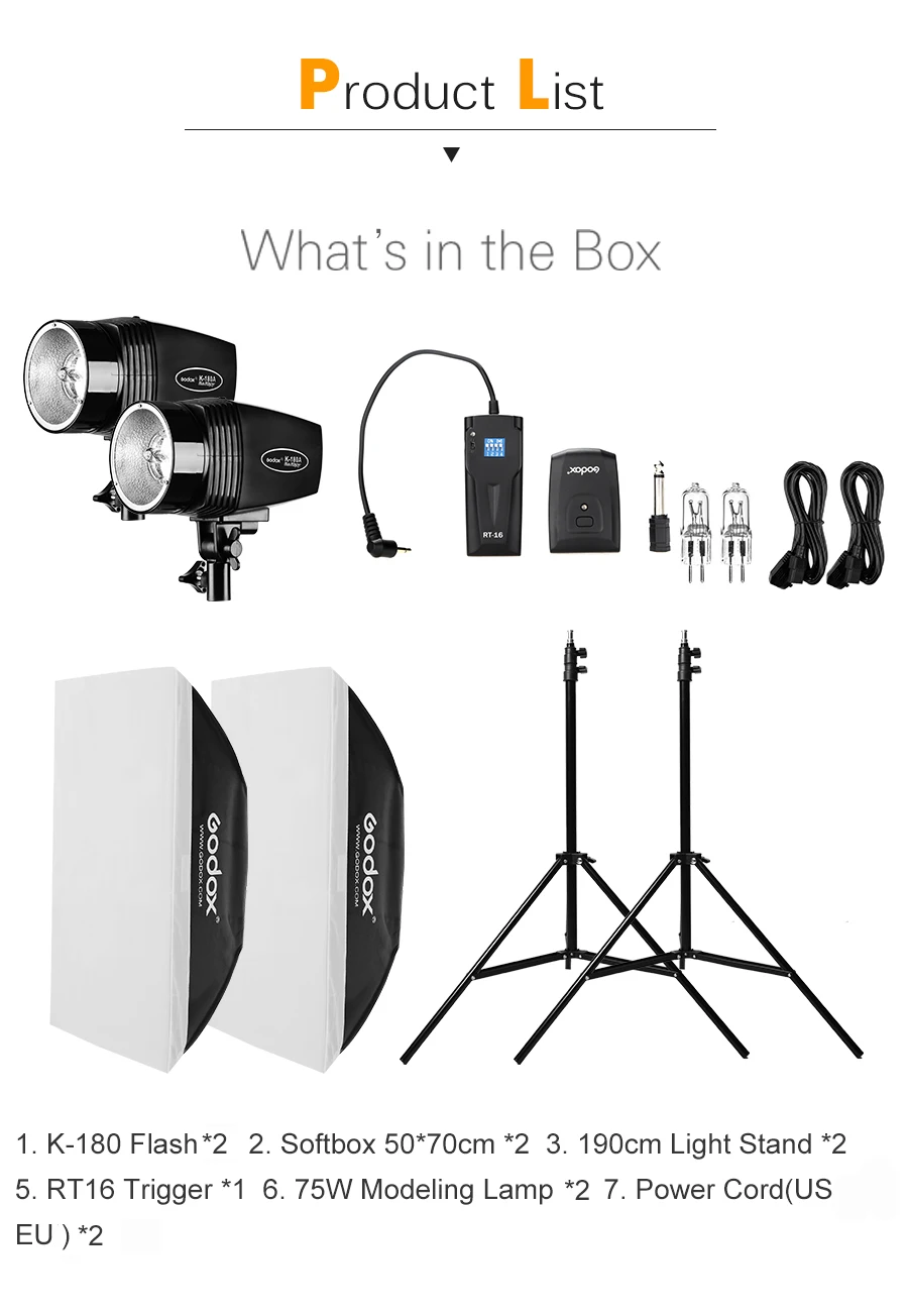 Godox 360Ws 2x K-180A строб студия Flash светильник комплект с RT-16 триггера и 2x50x70 см тканевый рассеиватель& 2x190 см светильник стенд
