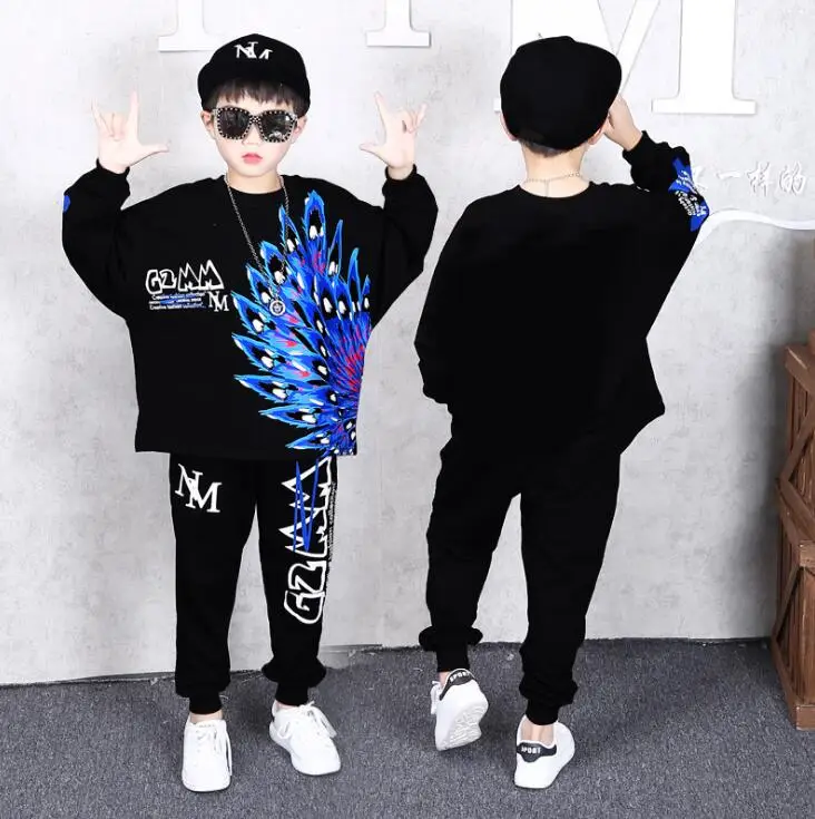 C2 2 Pcs Children Autumn Clothes Set Big Boys Girls Peacock Hoodies Haren Pants Cotton Dance vetement garcon 6 8 10 12 13 14 Years - Цвет: C2