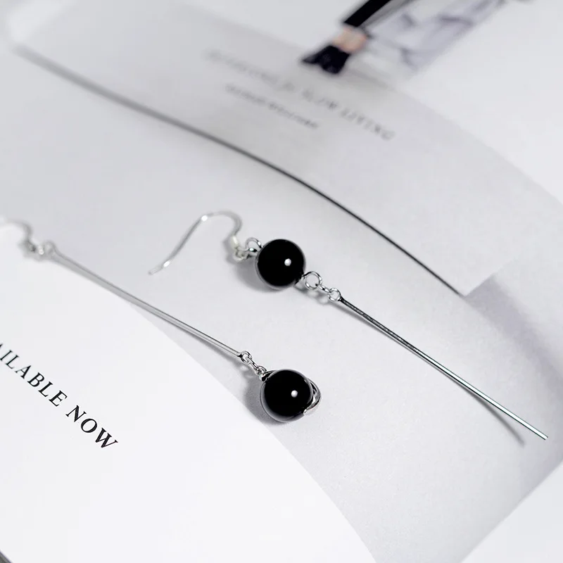 Реальные 925 стерлингового серебра серьги в виде капель с черного шара камень агат