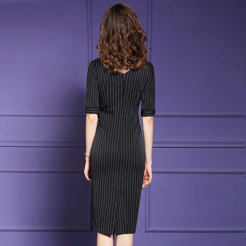 Женское офисное платье в стиле ретро подиумное с V-образным вырезом и поясом