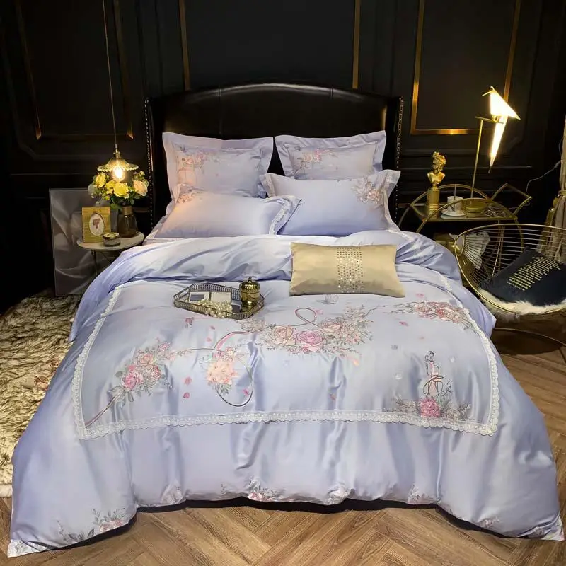 Ультра мягкий египетского хлопка Темно-синие постельных принадлежностей queen King size 4/7 шт. Премиум вышивка пододеяльник простыня - Цвет: Color 6