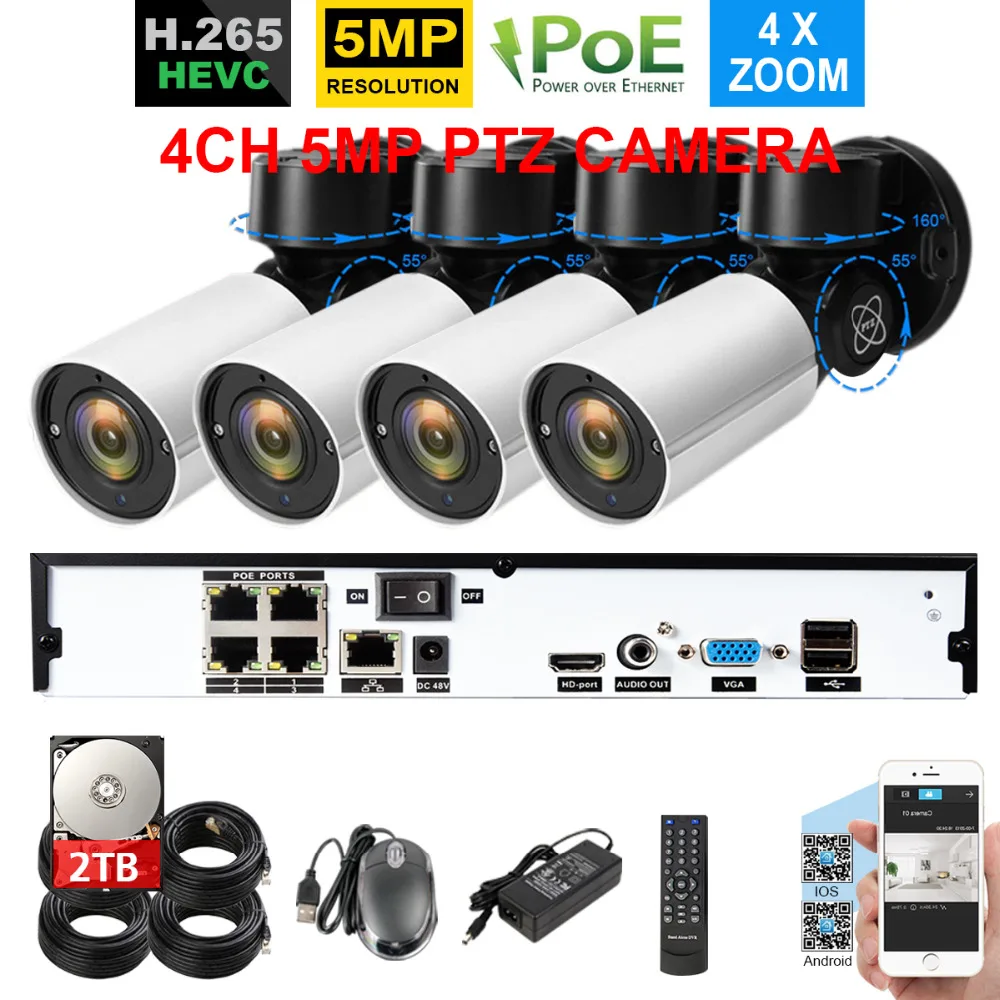 TOPROHOMIE H.265 + 4CH 5MP POE NVR система 48В 2592X1944 безопасности Открытый 5xоптический зум 2 8 мм 12