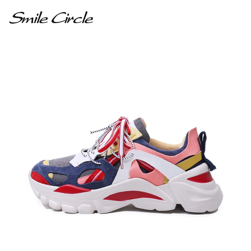 Кроссовки на платформе Smile Circle，6cm кроссовки на платформе женские ботинки весна-осень，Зашнуровать，мода кеды женские цветные - Цвет: Красный