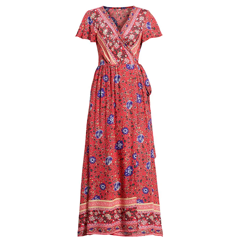 

Women's new chiffon dress Summer sexy V-neck cardigan waist print Bohemian beach temperament long dress cool big swing dress