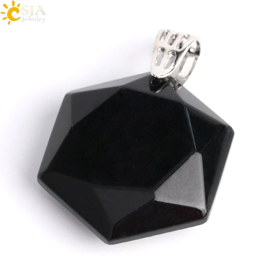 Black Agate CSJA Ограненный гексагональный натуральный драгоценный камень ожерелья и подвески опал лазурит розовый с кварцевым тигровым глазом чакра рейки ювелирные изделия E643 - Окраска металла: Black Agate