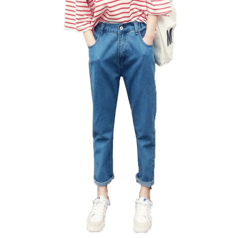 Высокая талия Твердые джинсы женские весна лето хлопок свободные модные