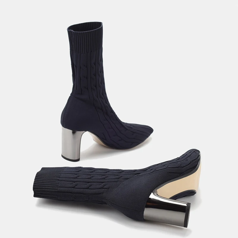 Женские вязаные ботинки носки Teahoo Зимние ботильоны ручной работы с острым носком